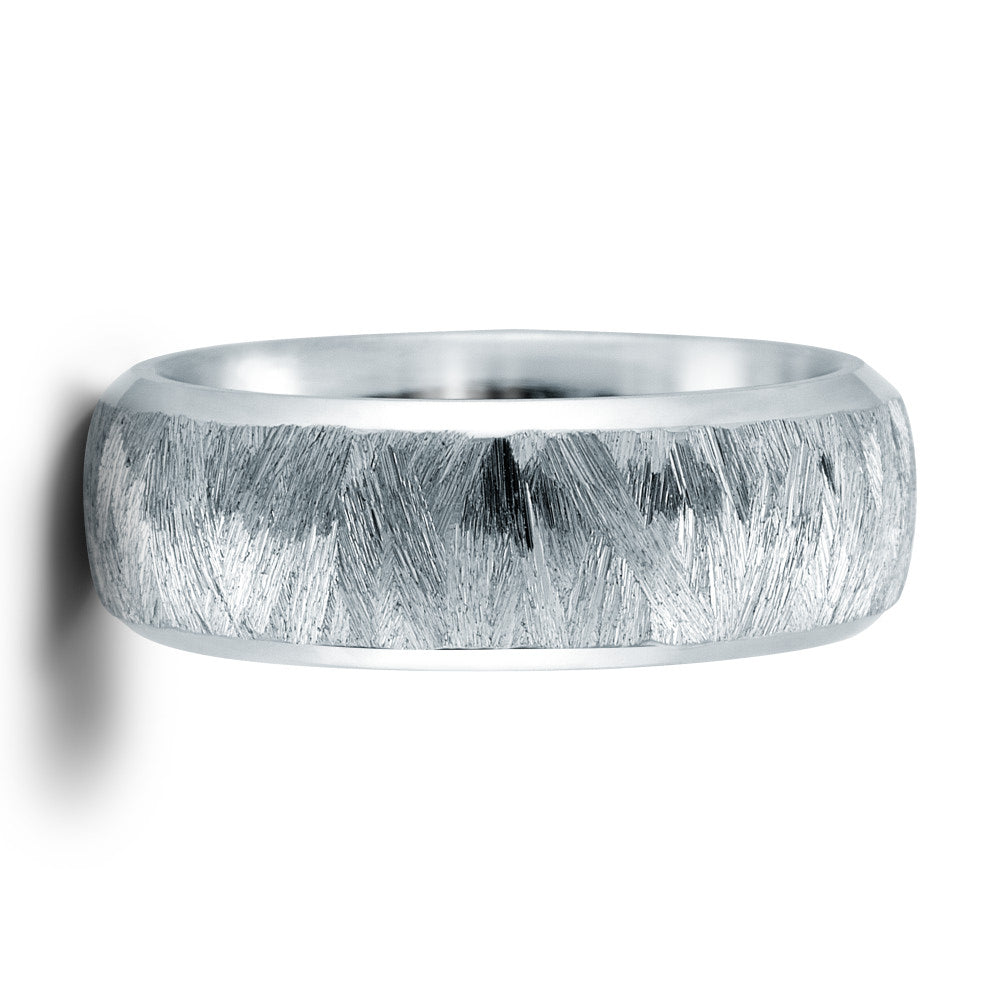 Stainless steel wedding ring with a heavy texture and polished inside