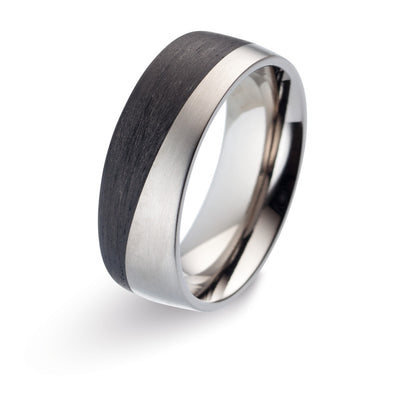 Titanium And Carbon fibre wedding ring band in a wave pattern. half black wedding band yin yang ring