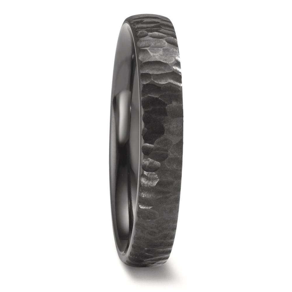 Black wedding ring band in zirconium. hammered brushed surface and polished, comfort fit inside. 5mm wide