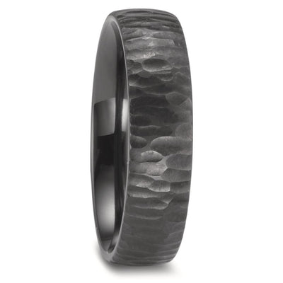 6mm Black Zirconium wedding ring band with a hammered and brushed outside and polished inside. Unisex promise ring