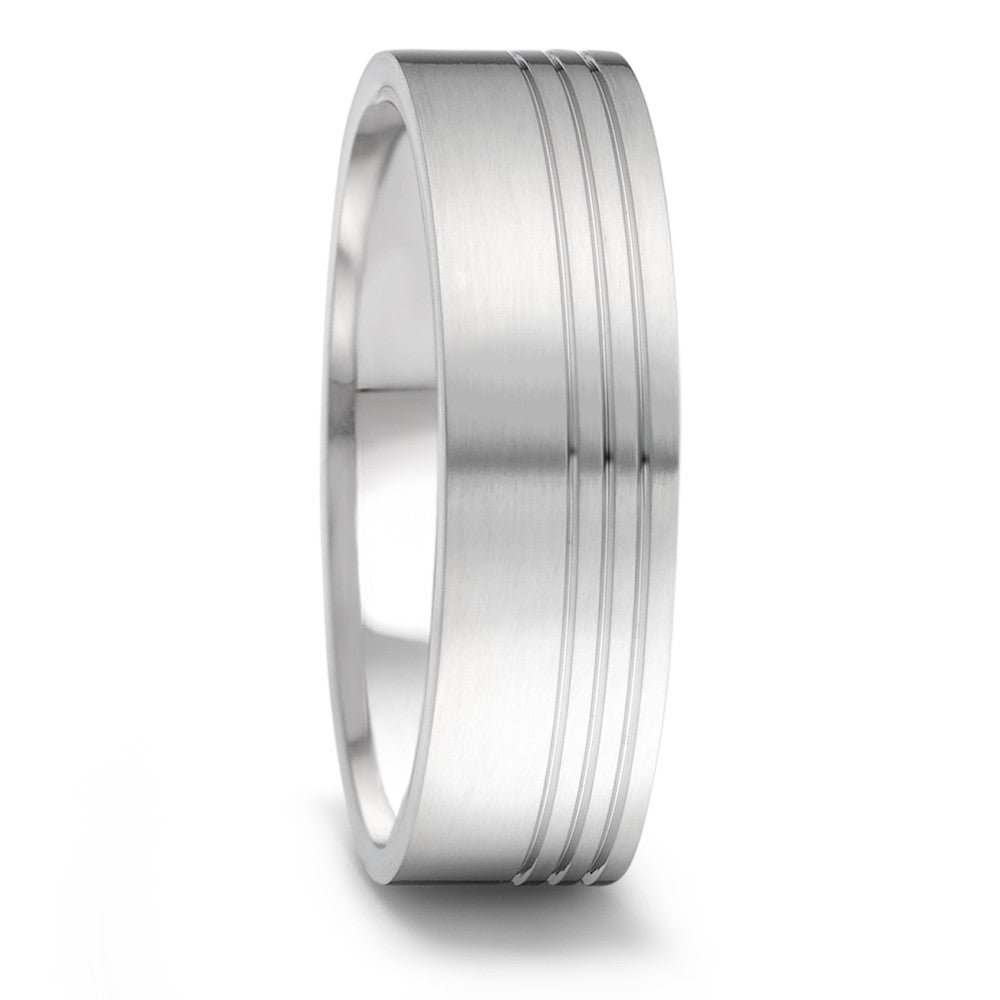 Stainless steel wedding ring band with 3 lines engraved at the edge. Brushed finish and polished inside