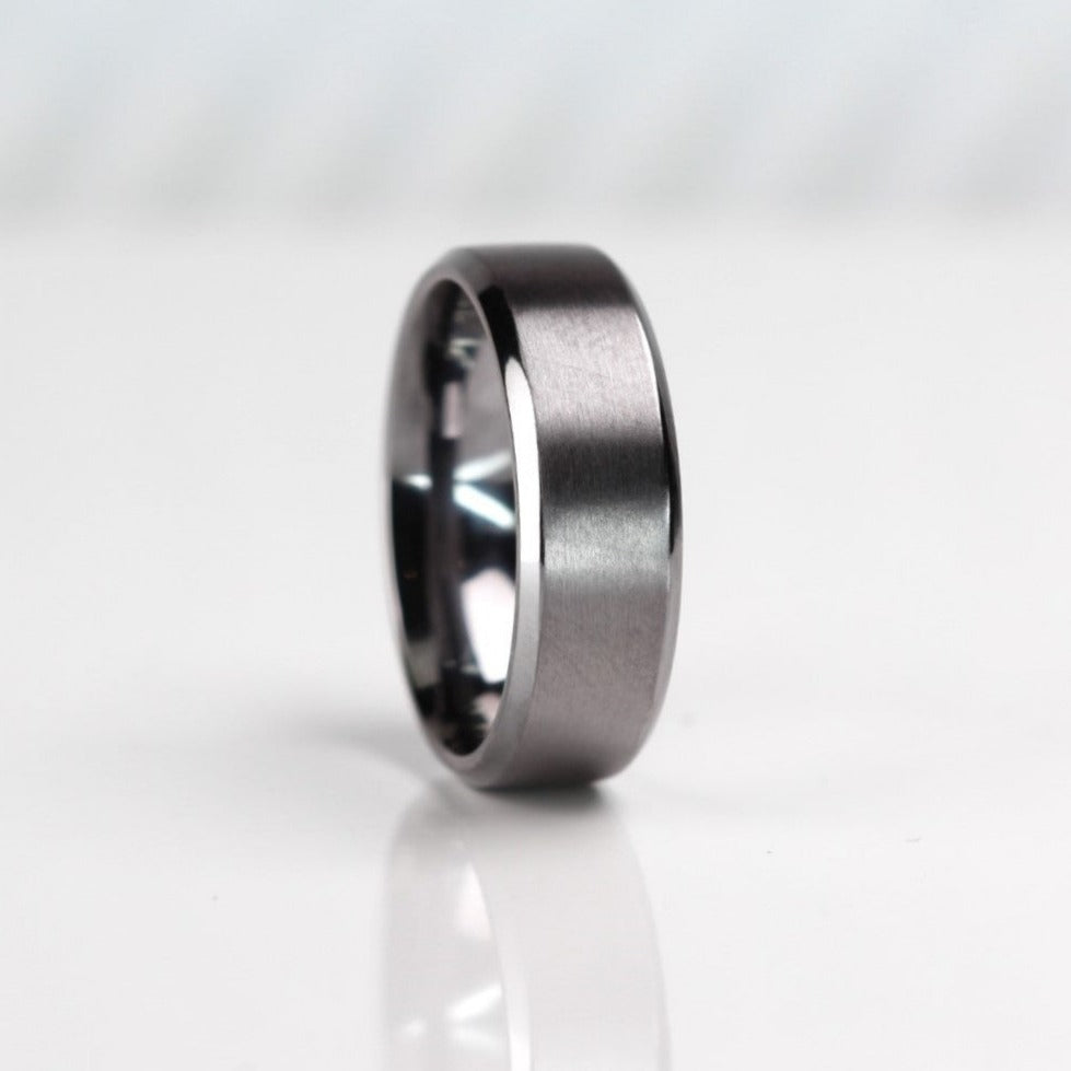 7mm Bevelled edge Tantalum wedding ring band brushed with polished edges