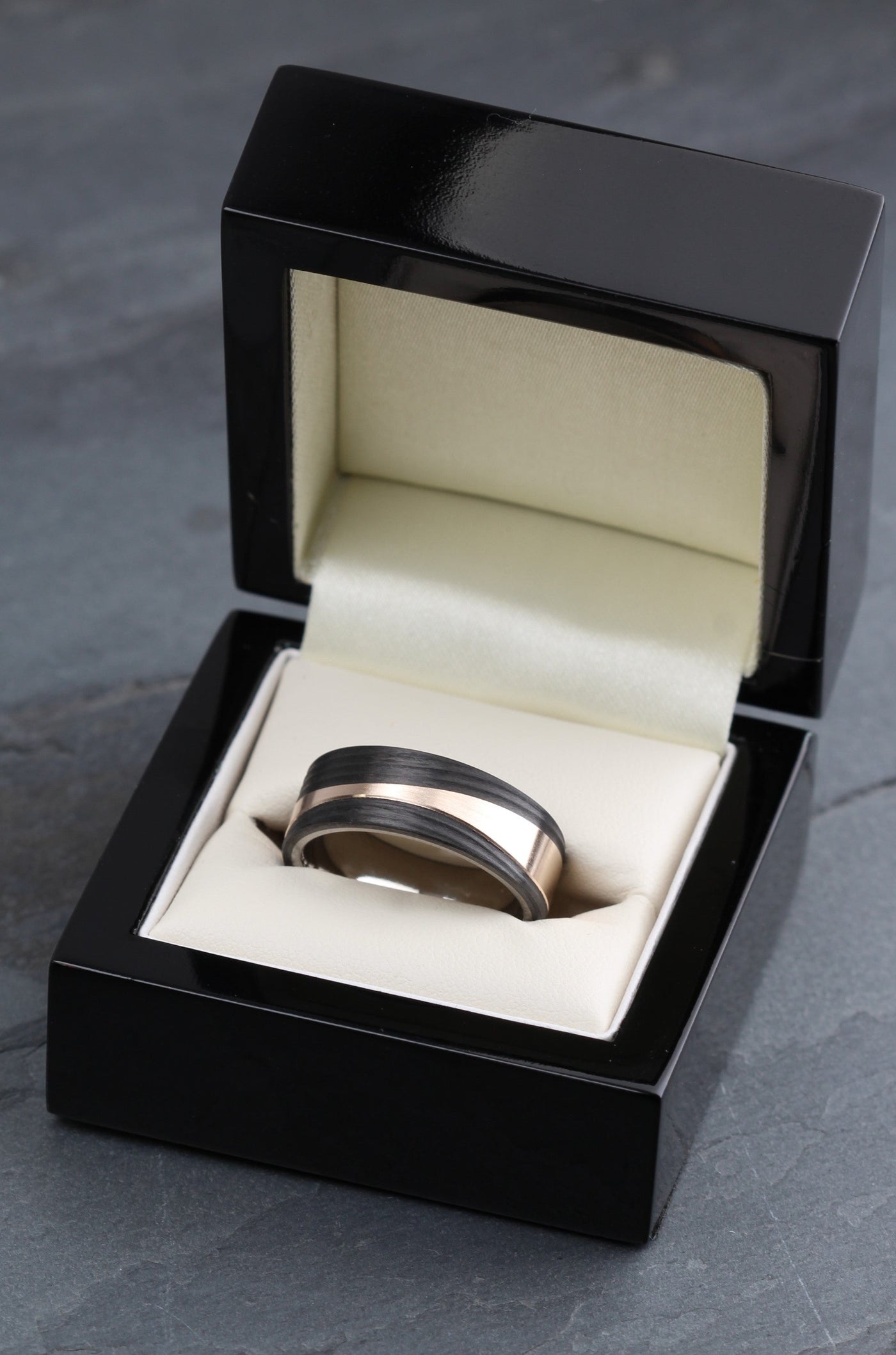 Black and bronze wedding ring band for men. 8mm wide, brushed and polished finish. wave  wedding band