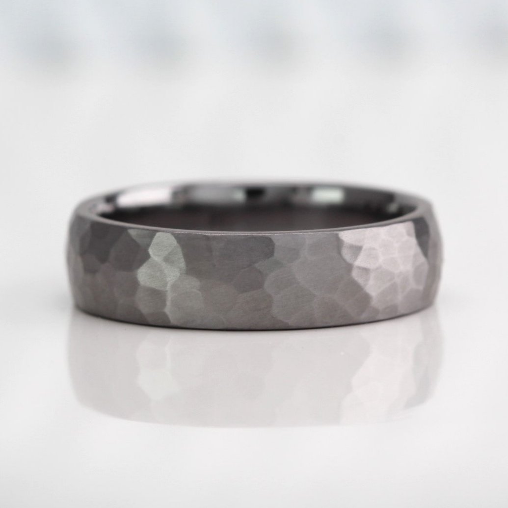 hammered tantalum wedding ring band for men in 5mm or 6mm wide. court profile with a polished inside and brushed matt outside