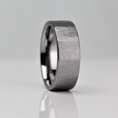 Hammered finish, Tantalum wedding ring. 7mm wide with a flat outside and comfort fit inside