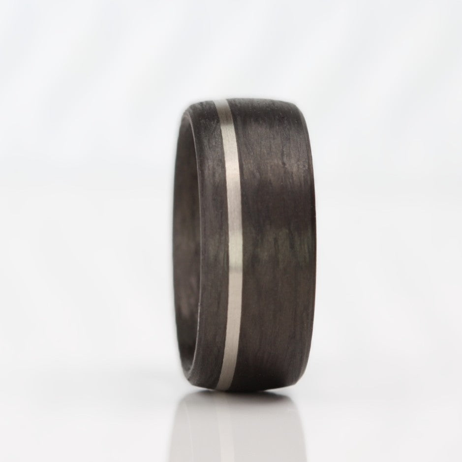8mm Carbon Fibre & Central Palladium Inlay, Wedding Ring Band - Bevelled edge