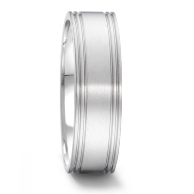 Stainless steel wedding ring band with 2 lines engraved at each edge. Brushed finish and polished inside