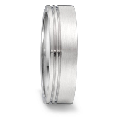 6mm brushed finish, flat wedding ring with 2 engraved lines offset