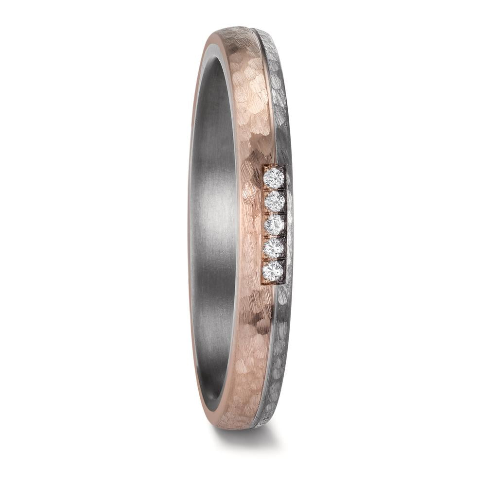 Women's 3mm tantalum and rose gold wedding ring with a hammered and brushed finish. The design features two-thirds matte-finish 14K rose gold and one-third brushed tantalum, separated by a finely engraved line for a refined contrast. Five channel-set diamonds are elegantly embedded within the band, adding a subtle touch of brilliance to the modern design