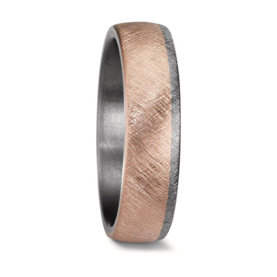 Men's tantalum wedding ring with a comfort-fit design. The band features a striking swirl pattern, where three-quarters showcase a matte-finish 14K rose gold, seamlessly flowing into a brushed tantalum section for a modern contrast.