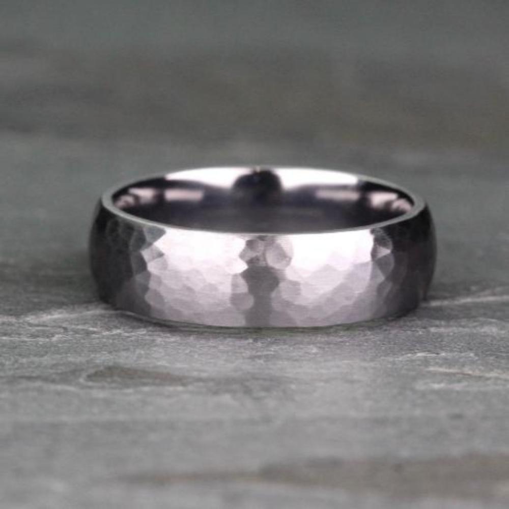 dark grey tantalum wedding ring band with a hammered finish and comfort fit