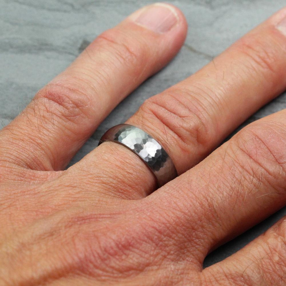 hammered tantalum wedding ring band for men in 5mm or 6mm wide. court profile with a polished inside and brushed matt outside