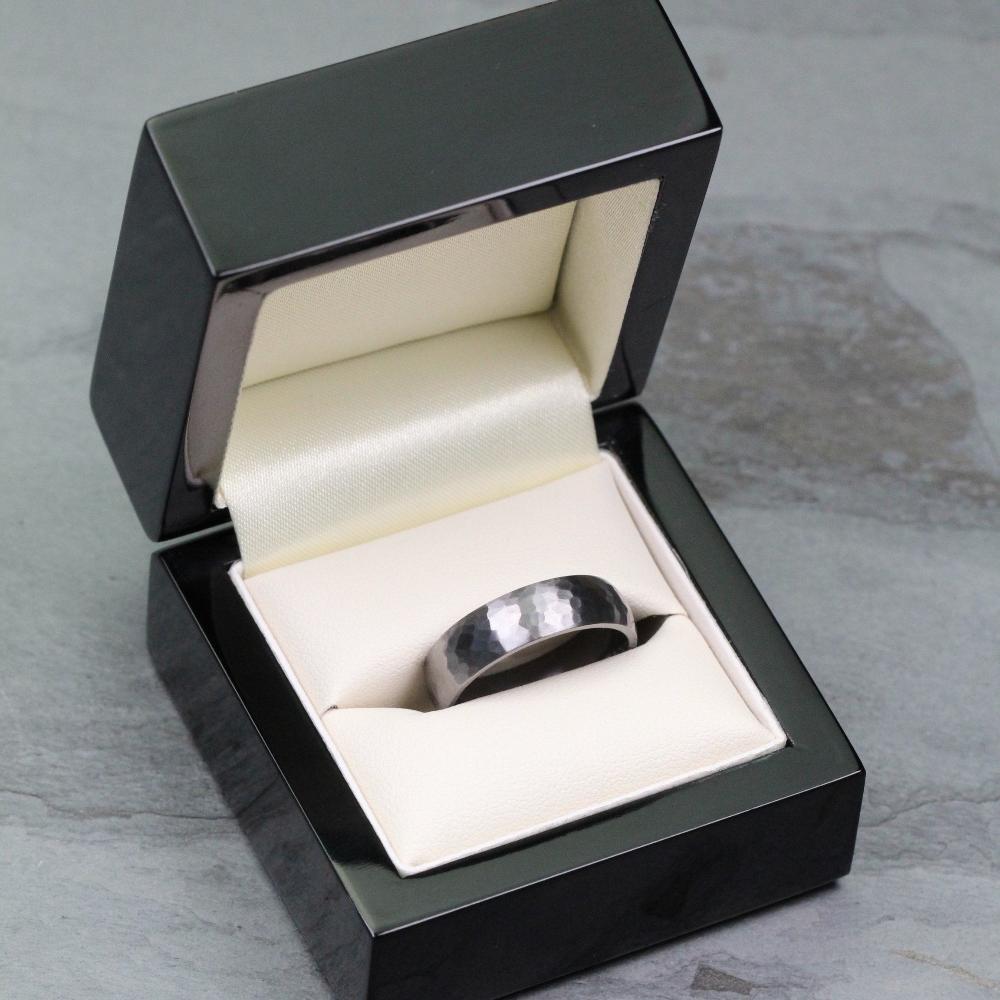hammered tantalum wedding ring band for men in 5mm or 6mm wide. court profile with a polished inside and brushed matt outside