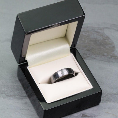 hammered tantalum wedding ring band for men in 5mm or 6mm wide. court profile with a polished inside and brushed matt outside