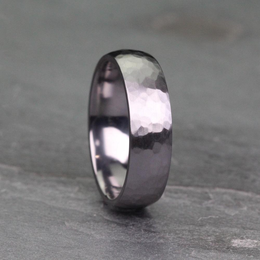 hammered tantalum wedding ring band for men in 5mm or 6mm wide. court profile with a polished inside and brushed matt outside