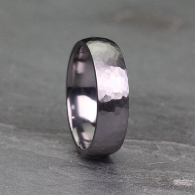 hammered tantalum wedding ring band for men in 5mm or 6mm wide. court profile with a polished inside and brushed matt outside