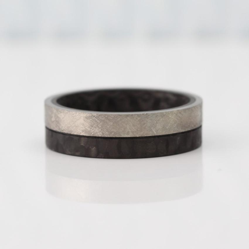 Titanium and forged carbon fibre wedding ring band. half black and half silver. scratched finish comfort fit flat court 8mm