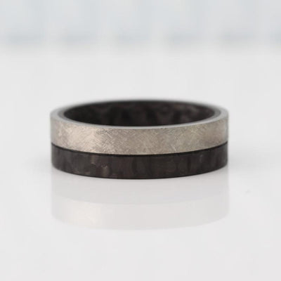 Titanium and forged carbon fibre wedding ring band. half black and half silver. scratched finish comfort fit flat court 8mm