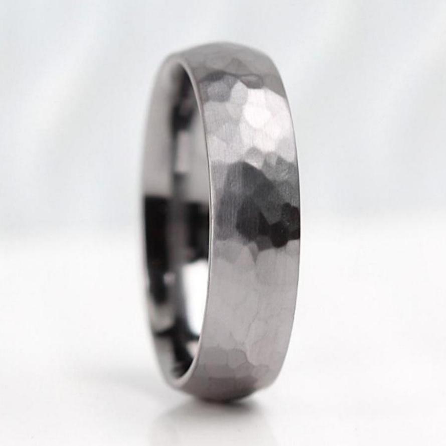 hammered tantalum wedding ring band for men in 5mm or 6mm wide. court profile with a polished inside and brushed matt outside