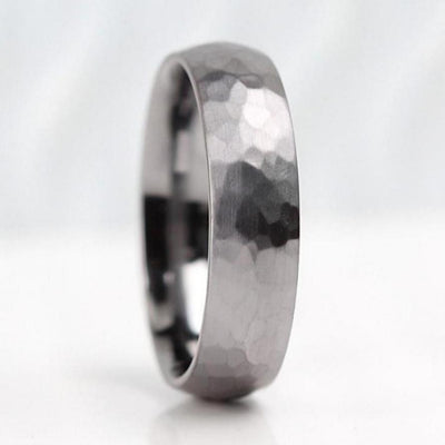 hammered tantalum wedding ring band for men in 5mm or 6mm wide. court profile with a polished inside and brushed matt outside