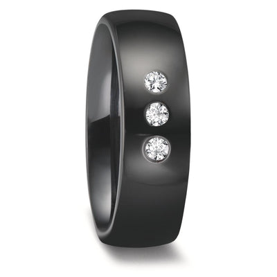 Black Zirconium wedding ring. Slight court shape and a polished finish. Set with tree diamonds