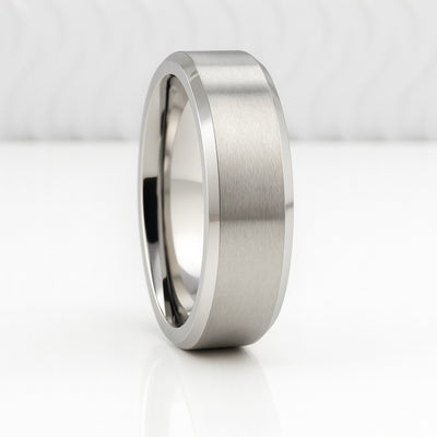 Men’s matte titanium wedding ring with polished bevelled edges, ultra comfort fit, available in 5mm, 6mm, and 7mm widths, UK sizes I to Z+4