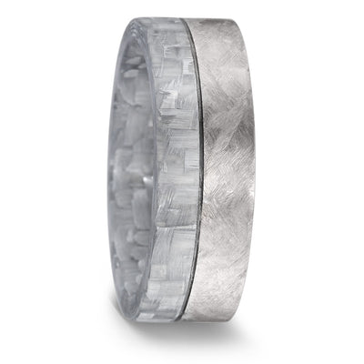 Forged carbon fibre and titanitm wedding ring. 8mm wide half carbon fibre half textured titanium