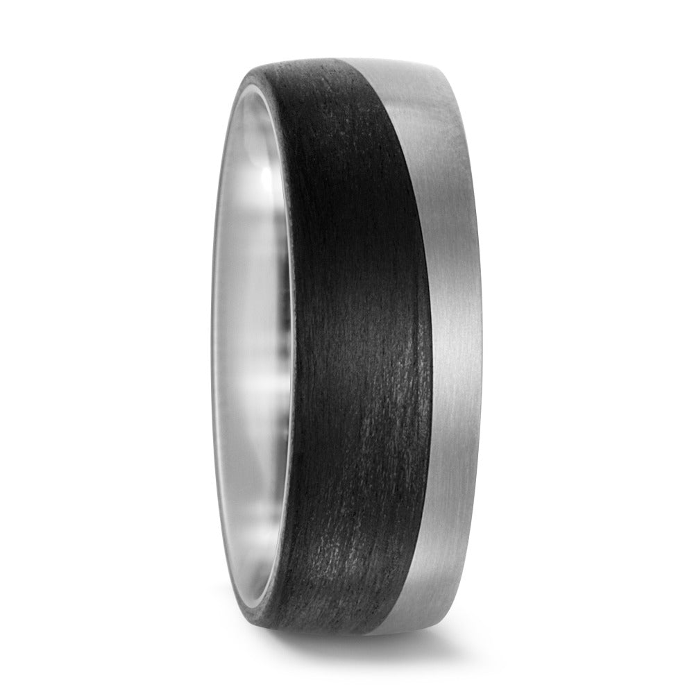 Titanium And Carbon fibre wedding ring band in a wave pattern. half black wedding band