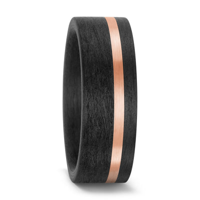 black carbon fibre wedding ring band. 8mm wide with a stripe of rose gold. black mans wedding ring uk