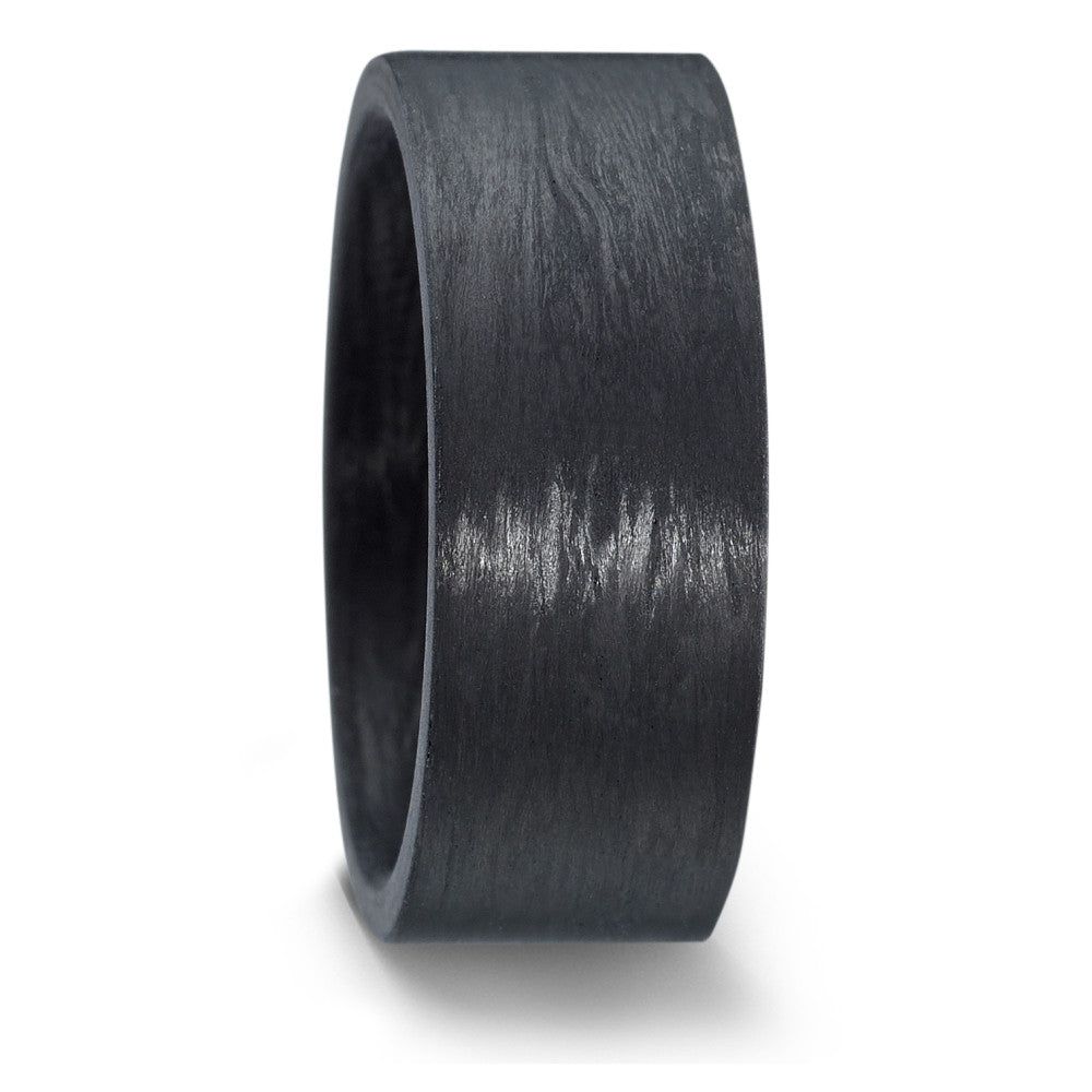 This plain Black Carbon Fibre wedding ring has a flat exterior profile, with a slightly cambered interior for a comfortable fit.  Both lightweight and durable, carbon fibre is also hypoallergenic; perfect for anyone with allergies. 