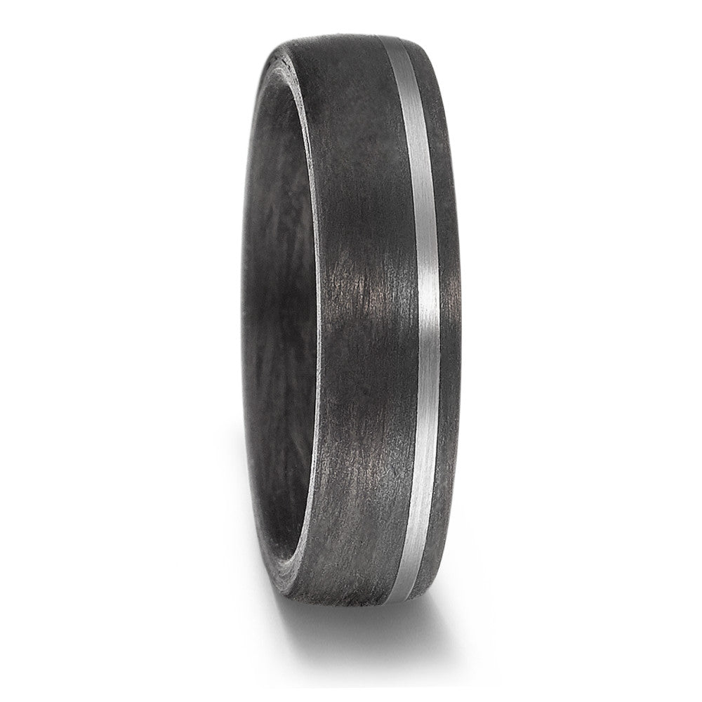 carbon fibre black wedding ring band with a palladium inlay. brushed finish 6mm wide court