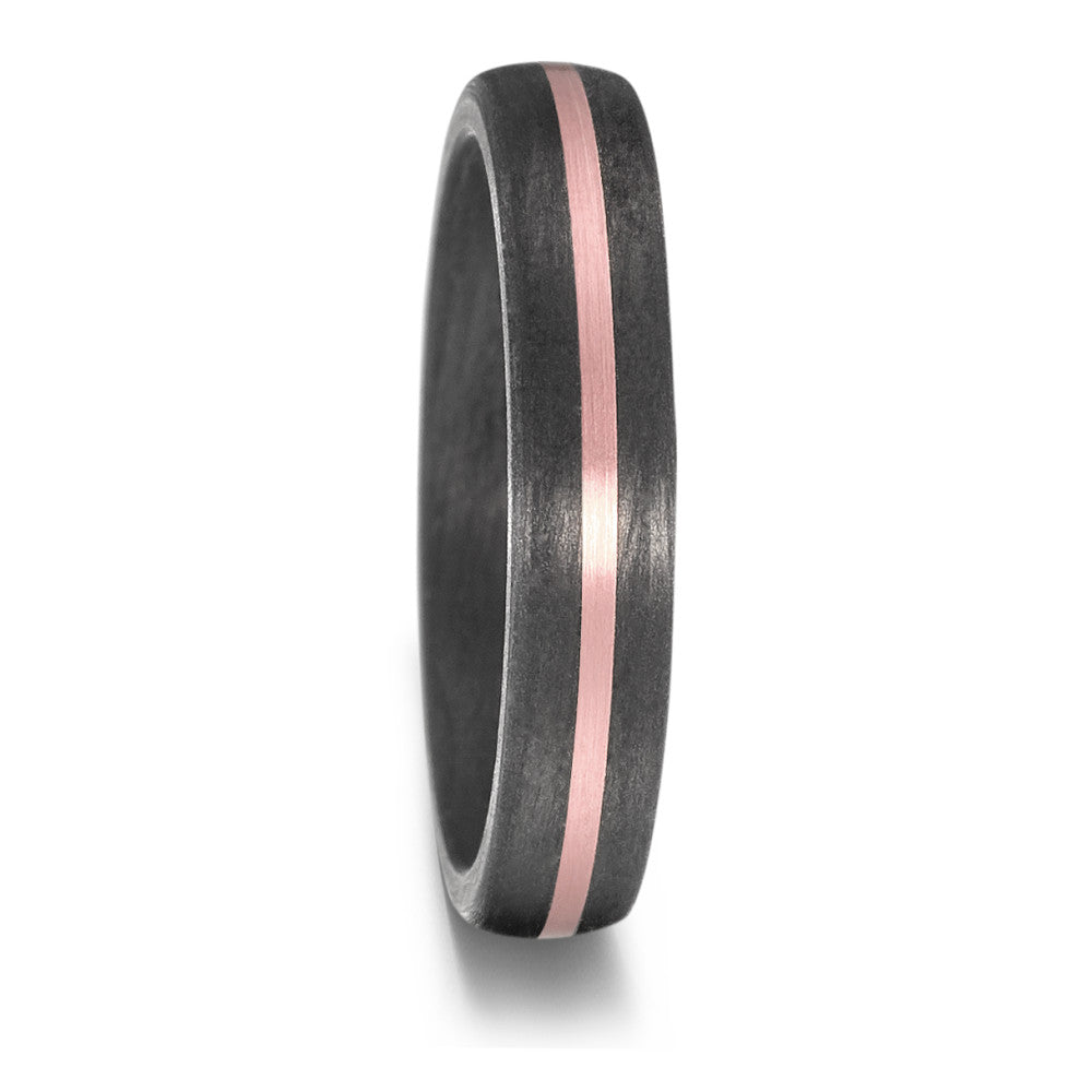 black carbon fibre wedding ring band. 5mm wide with a stripe of rose gold. black mans wedding ring uk
