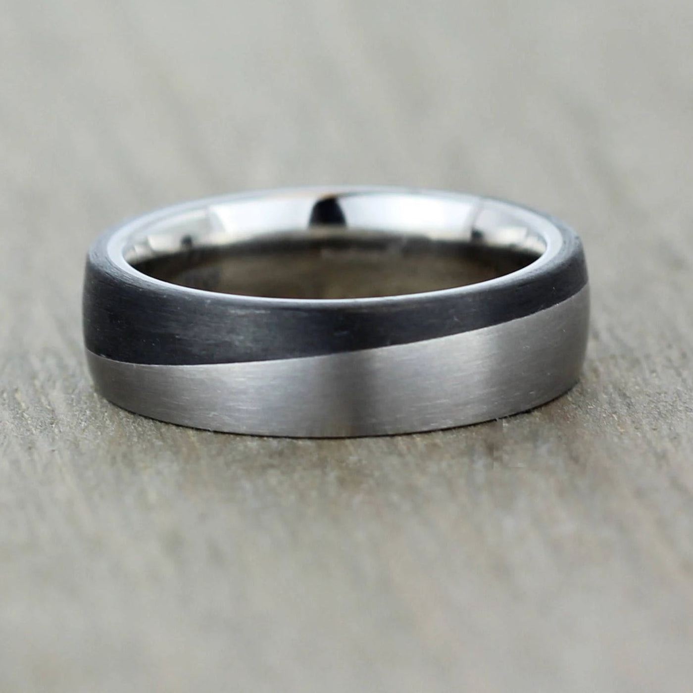 Titanium And Carbon fibre wedding ring band in a wave pattern. half black wedding band 6mm yin yang ring