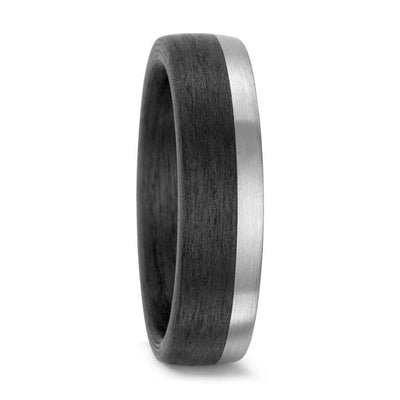 6mm carbon fibre wedding ring band in black with a side detail of palladium
