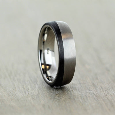 Titanium And Carbon fibre wedding ring band in a wave pattern. half black wedding band 8mm ying yang band