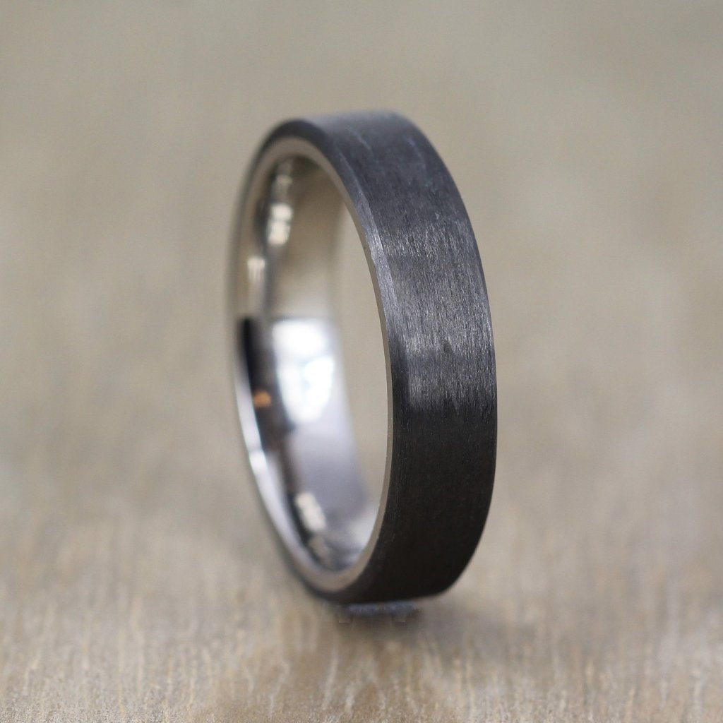 Polished Titanium and brushed black carbon fibre wedding ring band for men uk 4mm 5mm 6mm